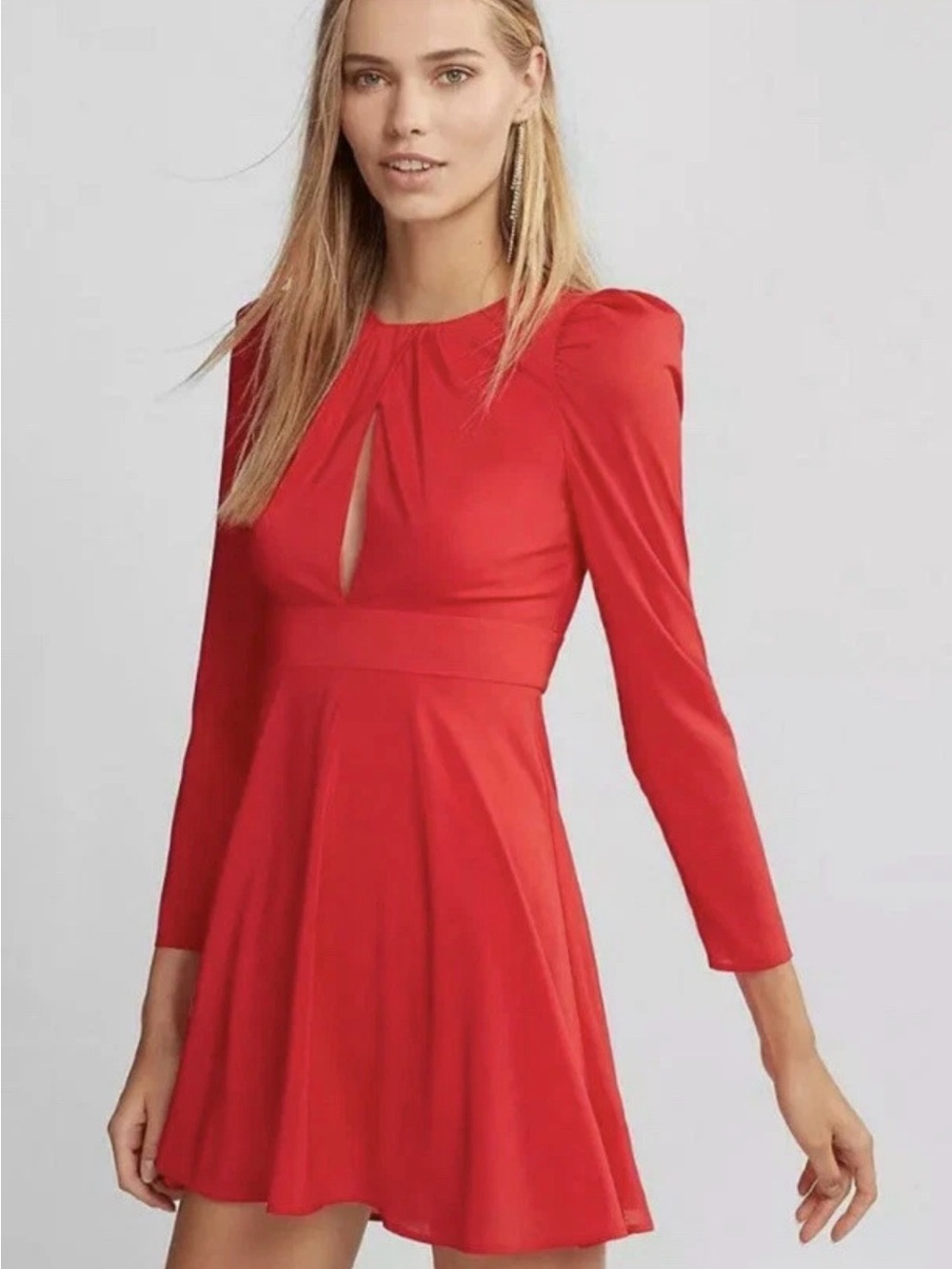 Express Red Long-Sleeve Fit & Flare Dress with Front Keyhole